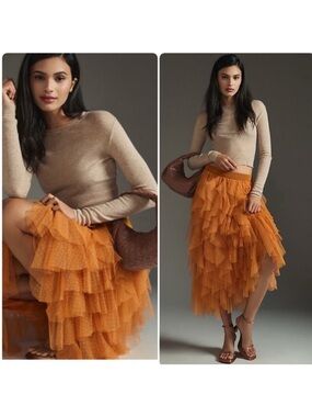 NWT Anthropologie size 0 tiered Tulle midi skirt in honey